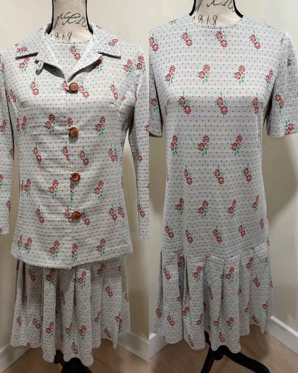 Vintage 2 Piece Set Drop Waist Dress & Jacket Polyester Floral Print